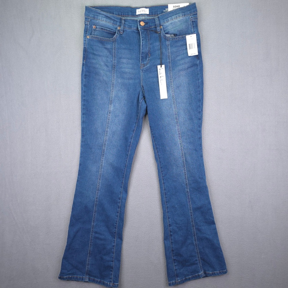 Nicole Miller Soho Flare Jeans High Rise Seamed Front Blue Denim Size 12 Stretch